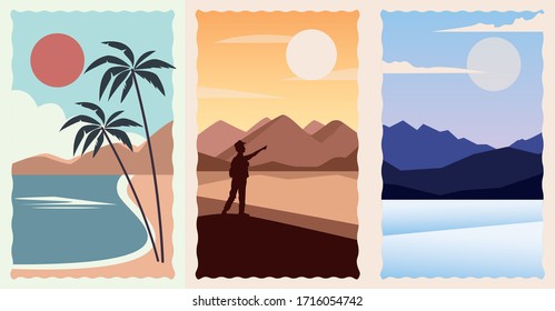 set of landscapes flat scenes vector illustration design