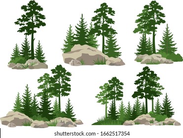 Set Landscapes, Isolated on White Background Silhouettes Coniferous and Deciduous Trees and Grass on the Rocks. Vector