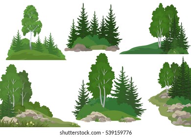 Set Landscapes, Isolated on White Background Coniferous and Deciduous Trees, Flowers and Grass on the Rocks. Vector