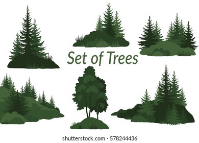 Set Landscapes, Isolated on White Background Green Silhouettes Coniferous and Deciduous Trees and Grass on the Rocks. Vector.