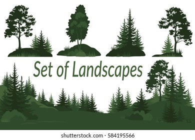 Set Landscapes, Isolated on White Background Green Silhouettes Coniferous and Deciduous Trees and Grass. Vector.