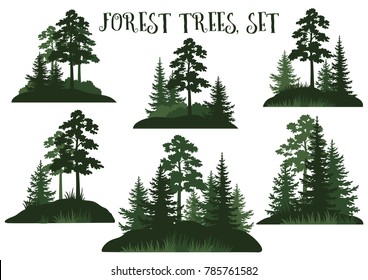 Set Landscapes, Isolated on White Background Green Silhouettes Coniferous and Deciduous Trees and Grass. Vector.