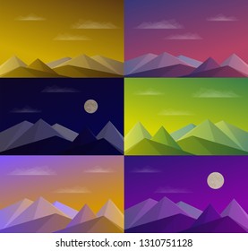 Set of landscapes. Mountains, blue sky, clouds and moon. Vector illustration. Night evening morning