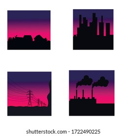 set of landscapes on the background of the dawn sky