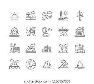 Set of Landscapes outline icons isolated on white background. Editable Stroke. 64x64 Pixel Perfect.