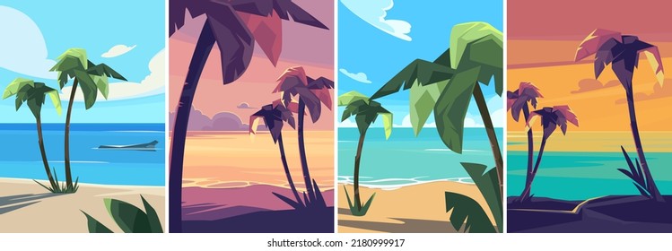 Set of landscapes with palm trees. Summer seascapes in vertical format.