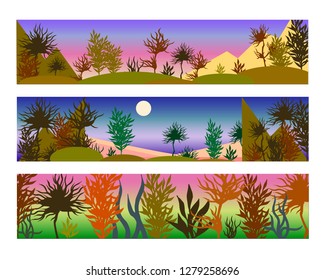 
Set of landscapes in pink and beige colors with green plants. Natural paintings. Vector illustration