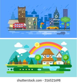 Set of landscapes. Rainy autumn day in the city, street with houses, cars and people with umbrella. Rainbow after the rain in the countryside, mountains and fields. Vector flat Illustrations