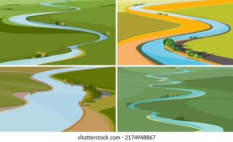 Set of landscapes with river view from above. Beautiful natural sceneries.