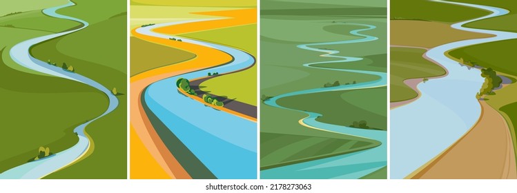 Set of landscapes with river view from above. Natural sceneries in vertical format.