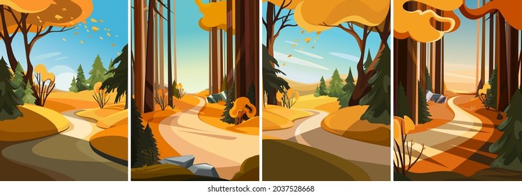 Set of landscapes with road in autumn forest. Collection of nature sceneries in vertical orientation.