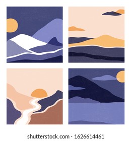 A set of landscapes in a square format, nice colors. Vector illustration with mountains, deserts, sun. Abstract landscapes with space for text
