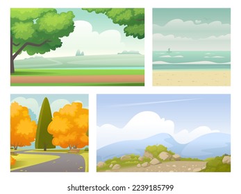 Set of landscapes of summer and autumn in the park, beach near the sea and mountain view. Vector illustration in flat style