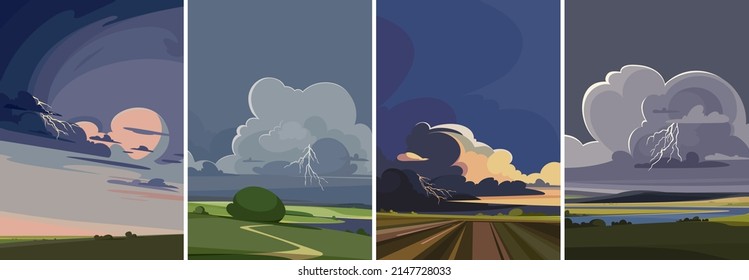 Set of landscapes with thunderstorm. Natural sceneries in portrait format.