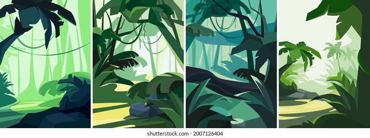 Conjunto de paisajes con bosque tropical. Escenarios naturales en orientación vertical