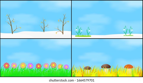 Set of landscapes with views of the seasons.