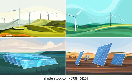 Set of landscapes with wind farms and solar panels. Alternative energy.