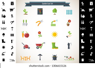 Set Of Landscaping Related Vector Icons. Includes Such Icons As Plants, Horticulture, Lawn, Trees, Gardening And More.