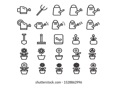 Set of landscaping Related Vector Line Icons. Includes such Icons as plants, horticulture, lawn, trees, gardening and more. - Vector
