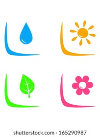 set of landscaping signs with water drop, flower, sun and leaf on white background