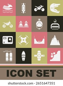 Set Landslide, Mountains, Ski lift, Motorcycle, Snowboard, bike, Jet ski and Helmet action camera icon. Vector