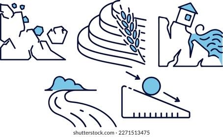 Set of Landslide Terrace Farm Simple Flat Line Icon