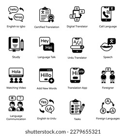 Juego de iconos de glifos del curso de idioma 
