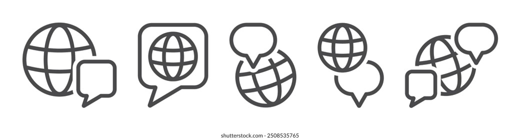 Set of language icons. Translate symbol, international communication, globe and speech bubble. Dictionary, online translator, language, choose or change language. Globe world communication. Vector.