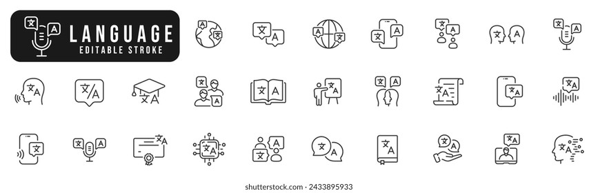 Set of language line icons. Translator, phone, dictionary, speech, talk etc. Editable stroke