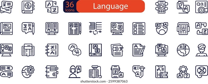 Set of language line icons. Translator, phone, dictionary, speech, talk.