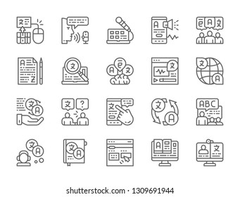 Set of language translation line icons. Online education, e-book, radio host, conversation, speech bubbles, discuss, chat, interpreter and more.