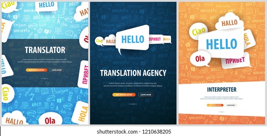 Set of Language Translator banners with hand-draw doodle on the background. Concept of translating agency and interpreting