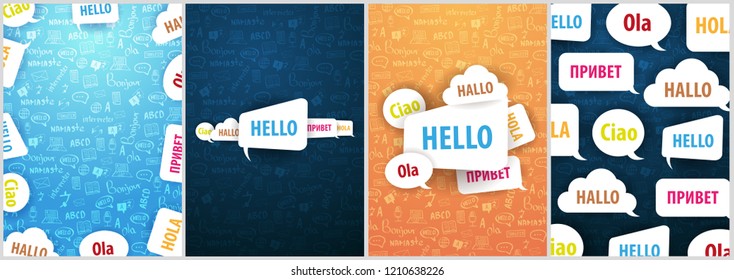 Set of Language Translator banners with hand-draw doodle on the background. Concept of translating agency and interpreting