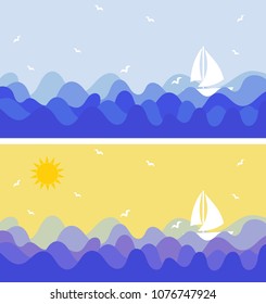 Set of lanscapes with birds and ship sailing the sea or ocean background. Travel concept