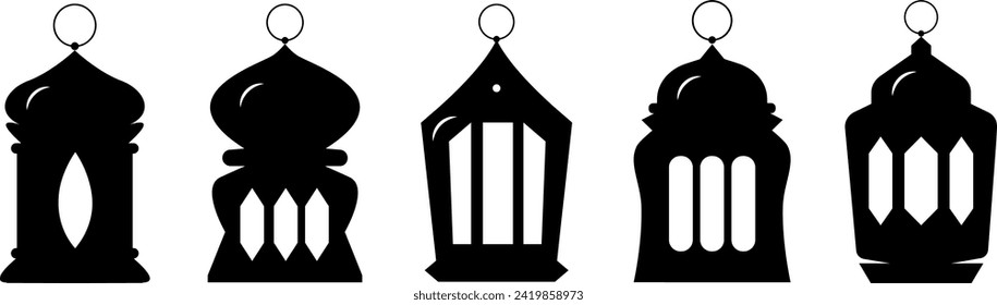 Set of lantern icon ramadan mubarak kareem islamic symbol flat black moslem eid element vector illustration design background