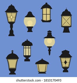 Ensemble d'illustrations de lanterne. Lampes vintage, éléments classiques de design extérieur pour l'éclairage. Collection isolée d'un poteau de lampes. Illustration vectorielle à plat. Ensemble d'éléments architecturaux
