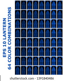 Set of Lanterns. 64 unique styles collection. Colorful gradient combinations of oriental lantern body, glass frame and ornamental glass filled with shades of blue. EPS 10 vector illustrations array