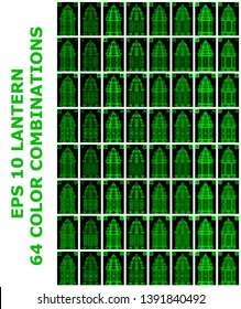 Set of Lanterns. 64 unique styles collection. Colorful gradient combinations of oriental lantern body, glass frame and ornamental glass filled with shades of green. EPS 10 vector illustrations array