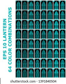 Set of Lanterns. 64 unique styles collection. Colorful gradient combinations of oriental lantern body, glass frame and ornamental glass filled with shades of cyan. EPS 10 vector illustrations array
