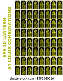 Set of Lanterns. 64 unique styles collection. Colorful gradient combinations of oriental lantern body, glass frame and ornamental glass filled with shades of yellow. EPS 10 vector illustrations array