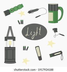 A set of lanterns for camping, car, pocket, large searchlight and chargers for lanterns, batteries. The inscription is made by hand Light. Vector illustration in flat style