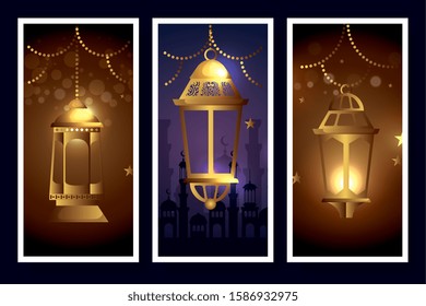 set lanterns hanging of ramadan kareem vector illustration design