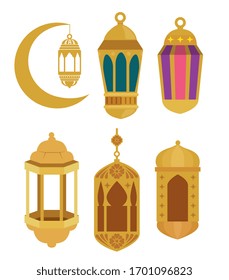 set lanterns with moon of ramadan kareem hanging vector illustration design