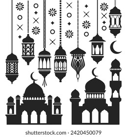 Set von Laternen und Moscheen für Ramadan Feier Thema Design-Dekoration, schwarze Silhouette-Vektorgrafik