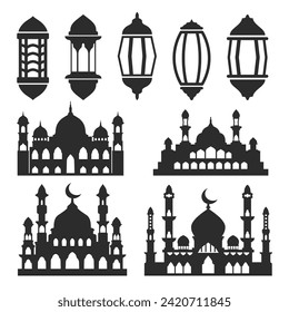 Set of lanterns and mosques for Ramadan celebration theme design decoration, black silhouette illustration vector