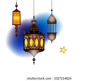 A set of lanterns on Ramadan. Decorative lamps on starry sky background.