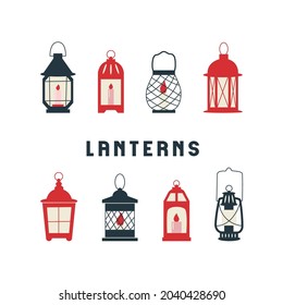 Set of lanterns on white background. Vector flat illustration with hanging night lights