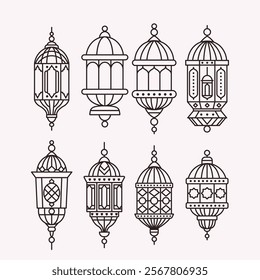 Set of lanterns in oriental islamic style. Vector illustration isolated on white background