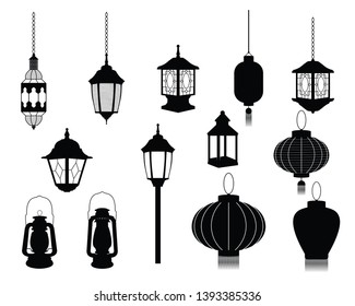  Set of Lanterns silhouettes vector icon. Japanese, Chinese. Arabic. European. 