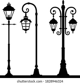 Set Of Lanterns Silhouettes.
Vintage street light. Black silhouettes of the retro lanterns on a white background. Vector illustration.
